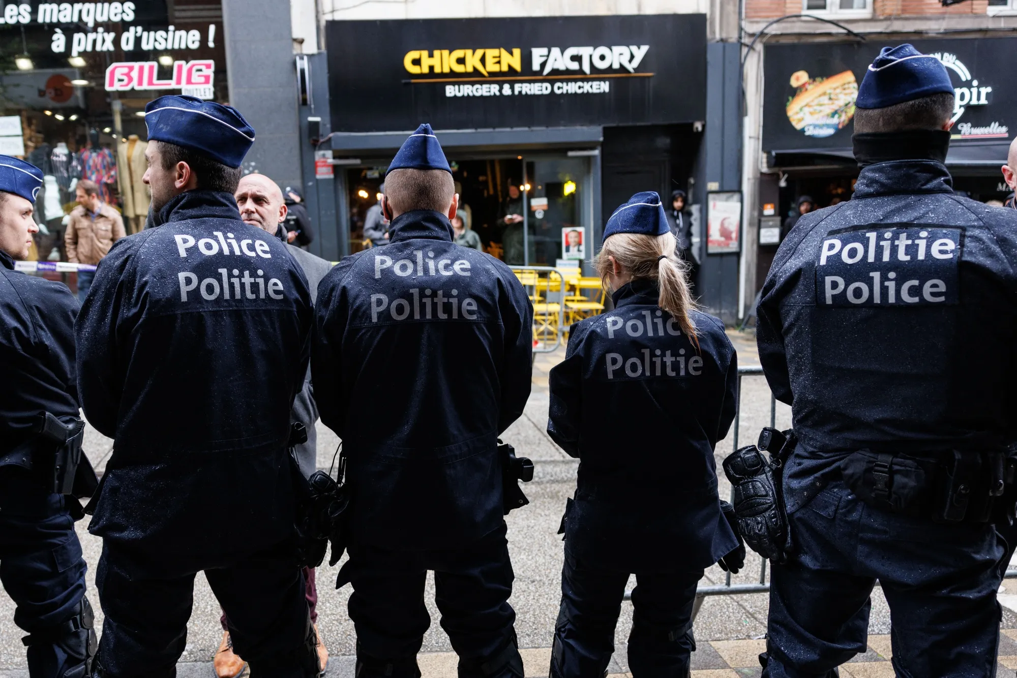 Belgian Police block the entrance to the&nbsp;national conservatism conference of the Claridge hotel in Brussels on April 16.
