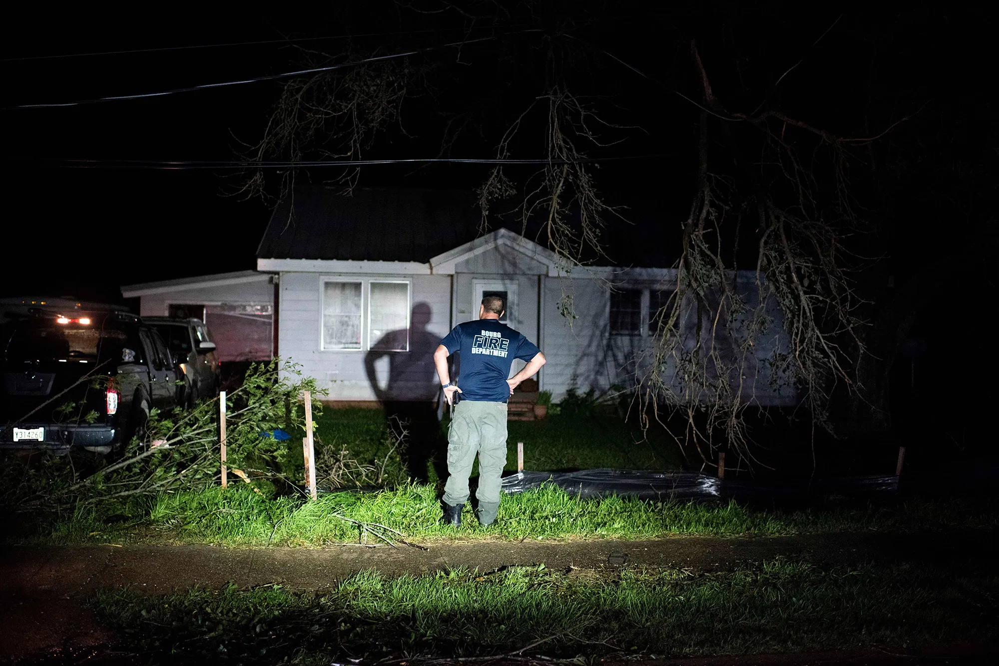 Bourg fire chief TJ Pellegrin checks on a&nbsp;couple&nbsp;after Hurricane Ida passed in Bourg, Louisiana, on Aug.&nbsp;29.