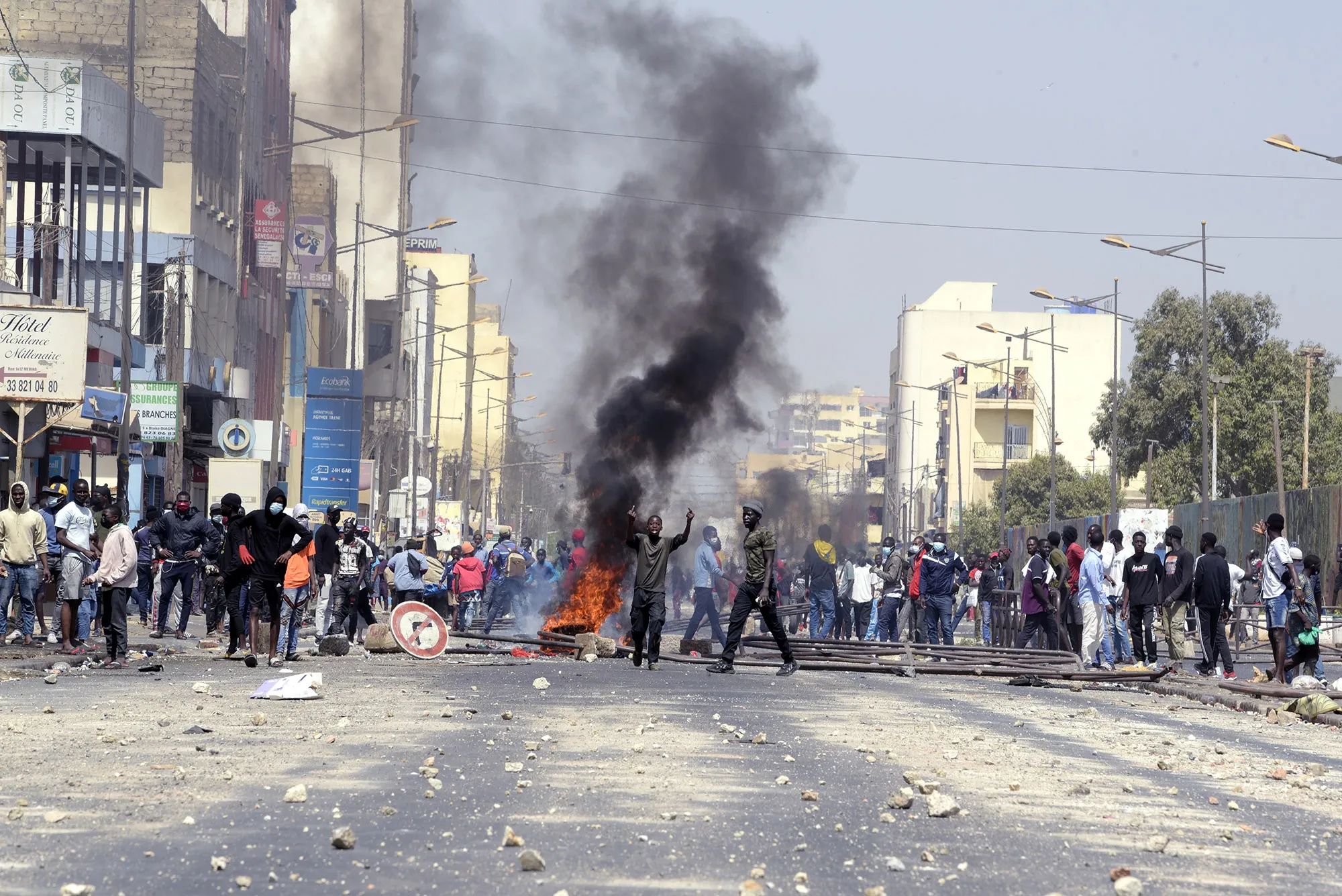 Demonstrators barricade a road during a protest in Dakar, Senegal, on March 5.