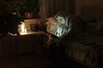 A Kyivan uses a battery powered light to read during a blackout. 