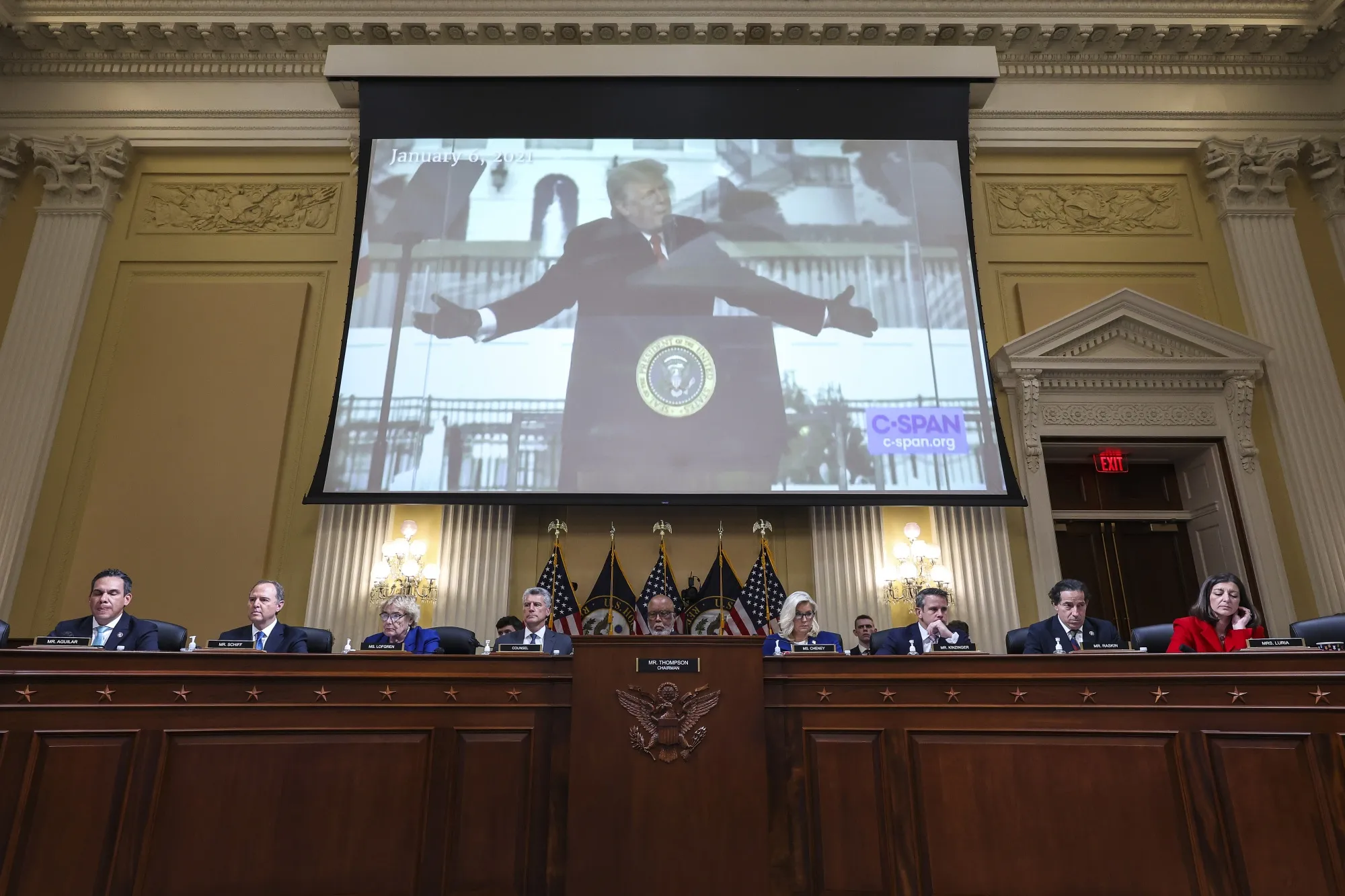 A video of Former President Donald Trump displayed on a screen during a hearing of the Select Committee to Investigate the January 6th Attack on the US Capitol in Washington, DC, on Oct. 13.