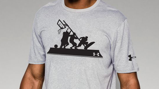Under Armour apologized for the shirt that depicted basketball players raising a hoop in the style of the Marine Corps War Memorial. Source: Underarmour.com
