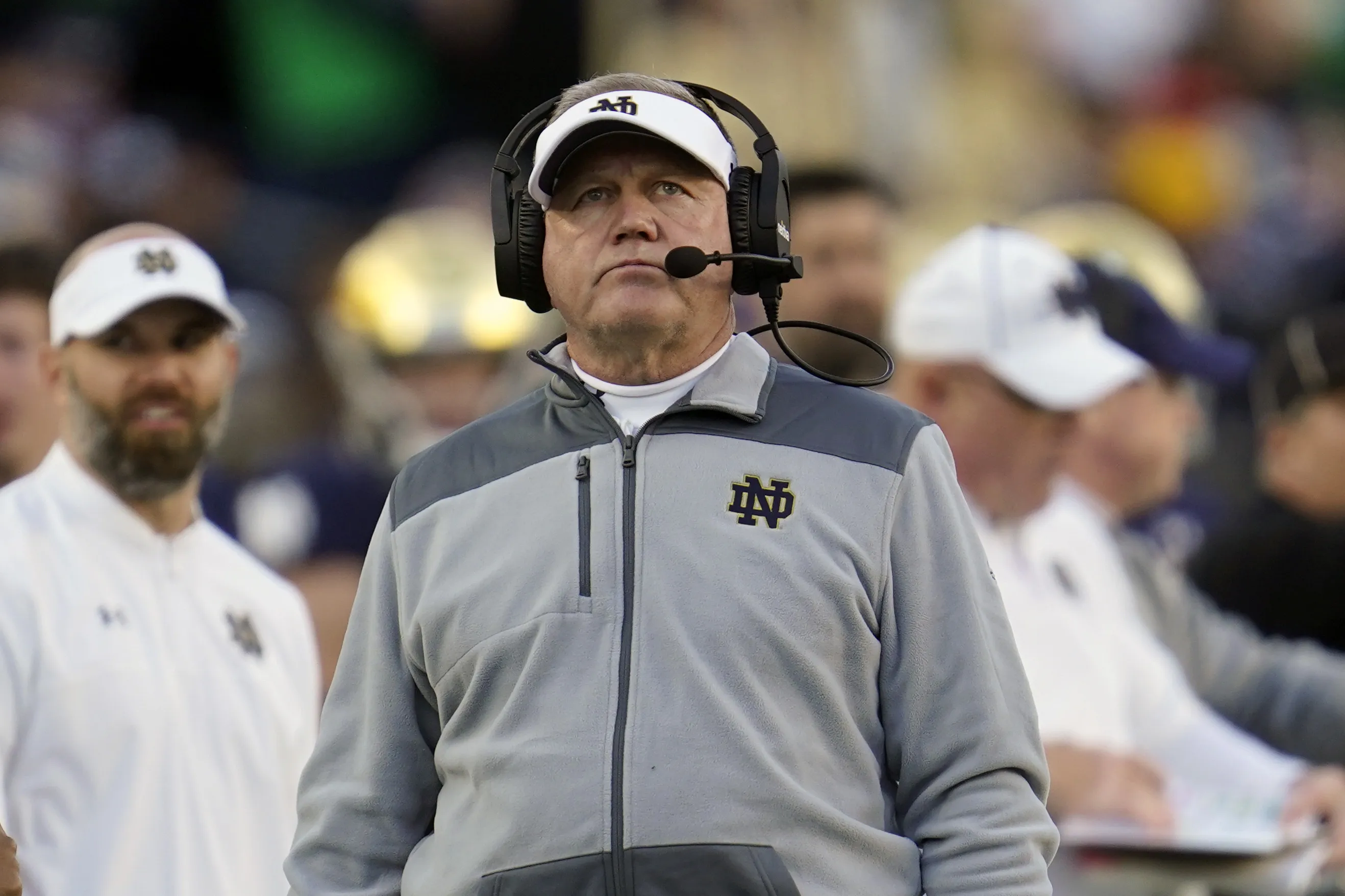 Notre Dame head coach Brian Kelly looks on during the second half of an NCAA college football game against Navy in South Bend, Ind., Nov. 6, 2021. LSU is hiring away from Notre Dame, a stunning move of one of the most accomplished coaches in college football jumping from the sport's most storied program to a Southeastern Conference powerhouse. (AP Photo/Paul Sancya, File)