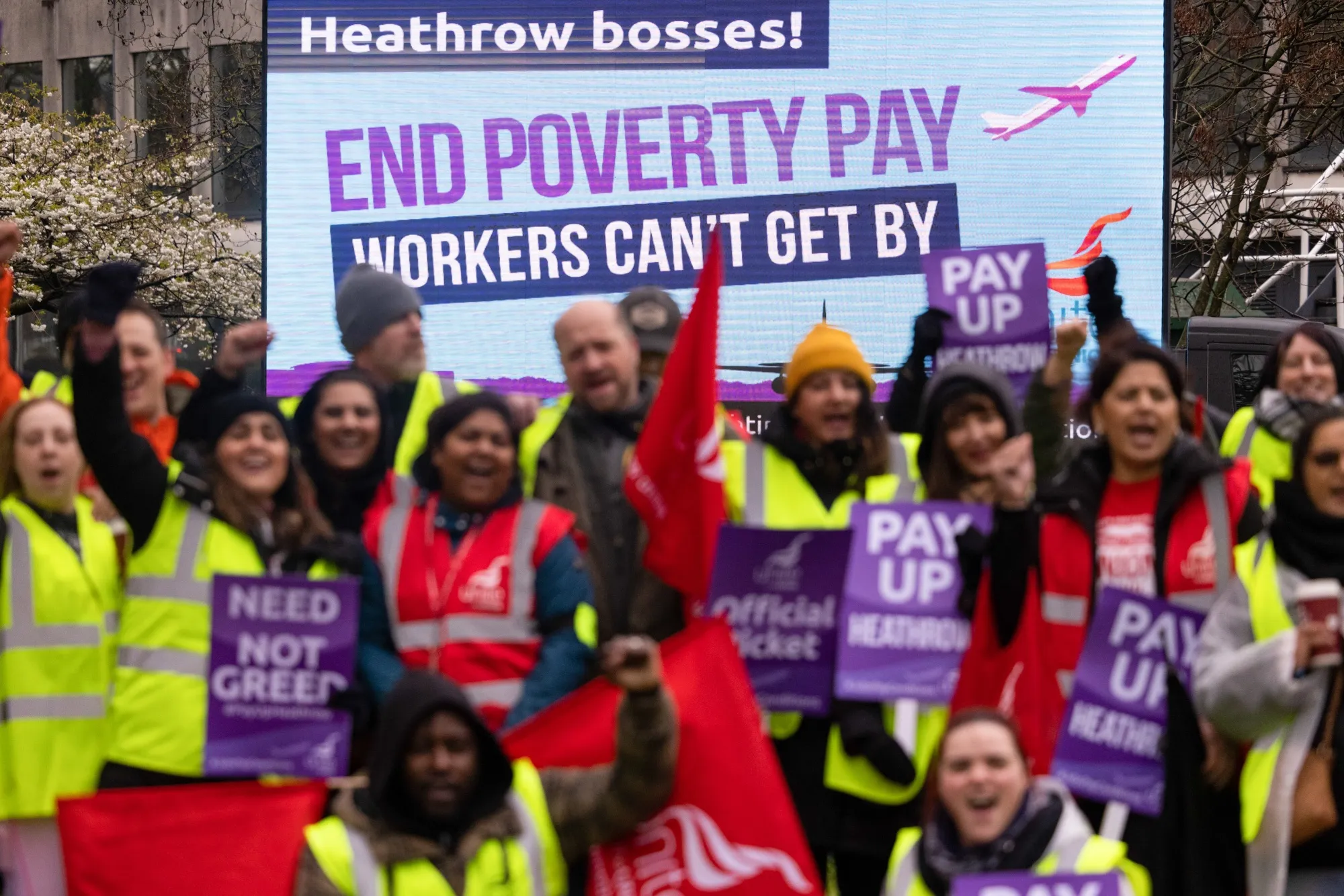 Security workers&nbsp;during a strike at London Heathrow Airport in London, on March 31.