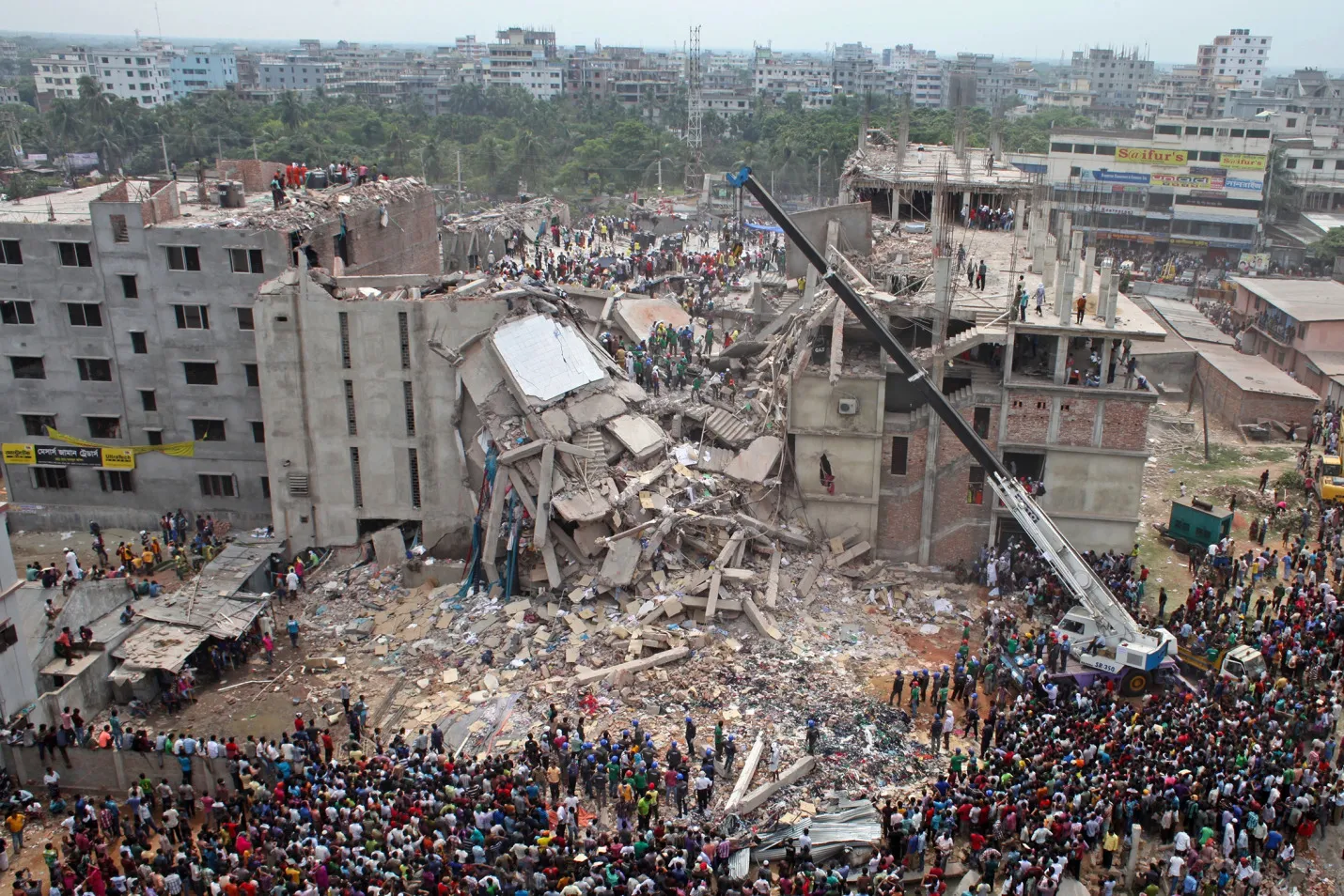 A file photo dated April 24, 2013, shows the collapsed Rana Plaza building, which killed more than 1,100 people and injured more than 2,500 in Dhaka, Bangladesh.
