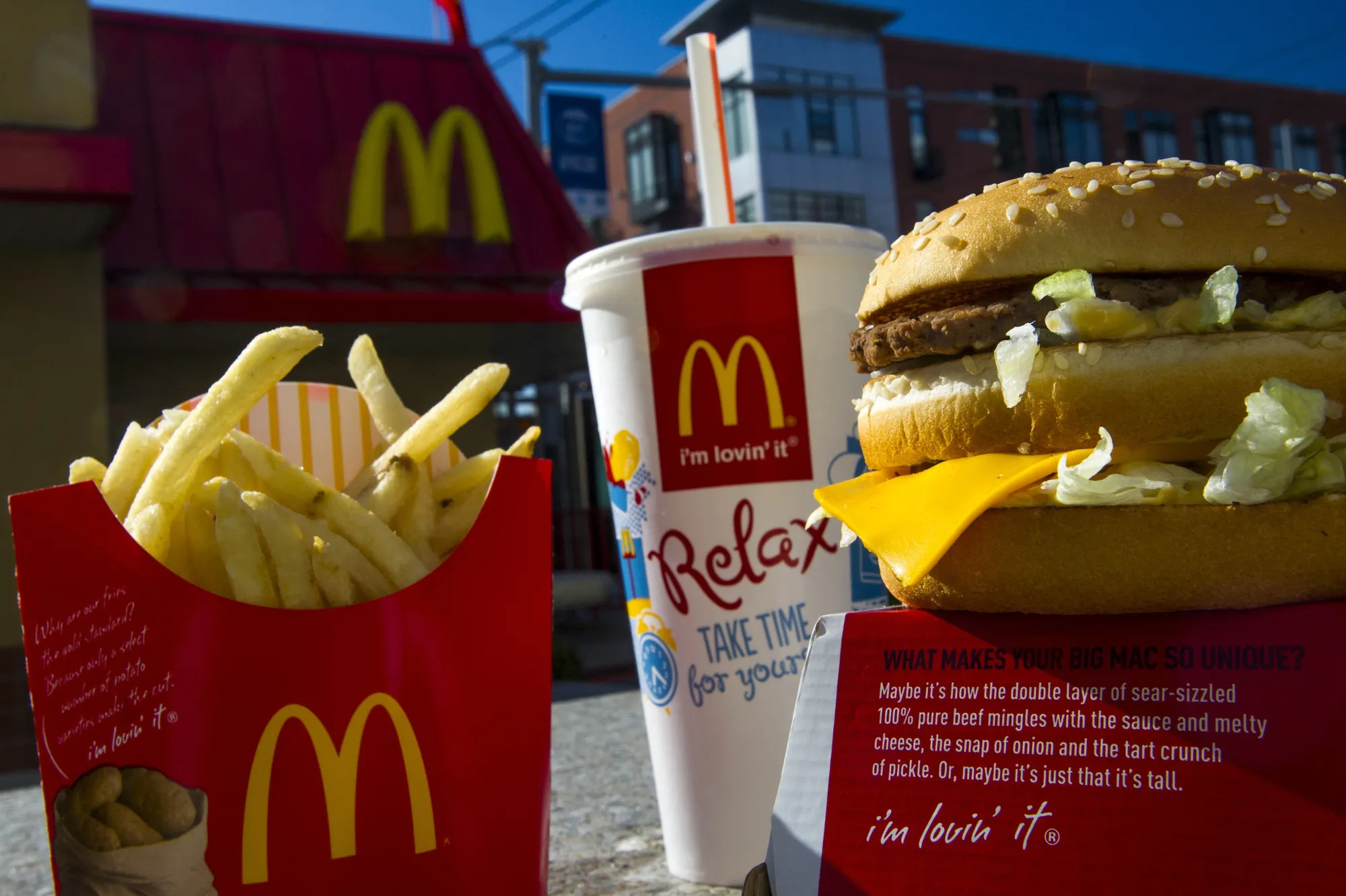 A McDonald's Corp. Big Mac meal is arranged for a photograph outside of a restaurant in San Francisco, California, U.S., on Wednesday, Jan. 22, 2014. McDonald's Corp., the world's largest restaurant chain, posted fourth-quarter profit that was little changed from a year earlier as U.S. same-store sales fell amid shaky consumer confidence and increased competition.
