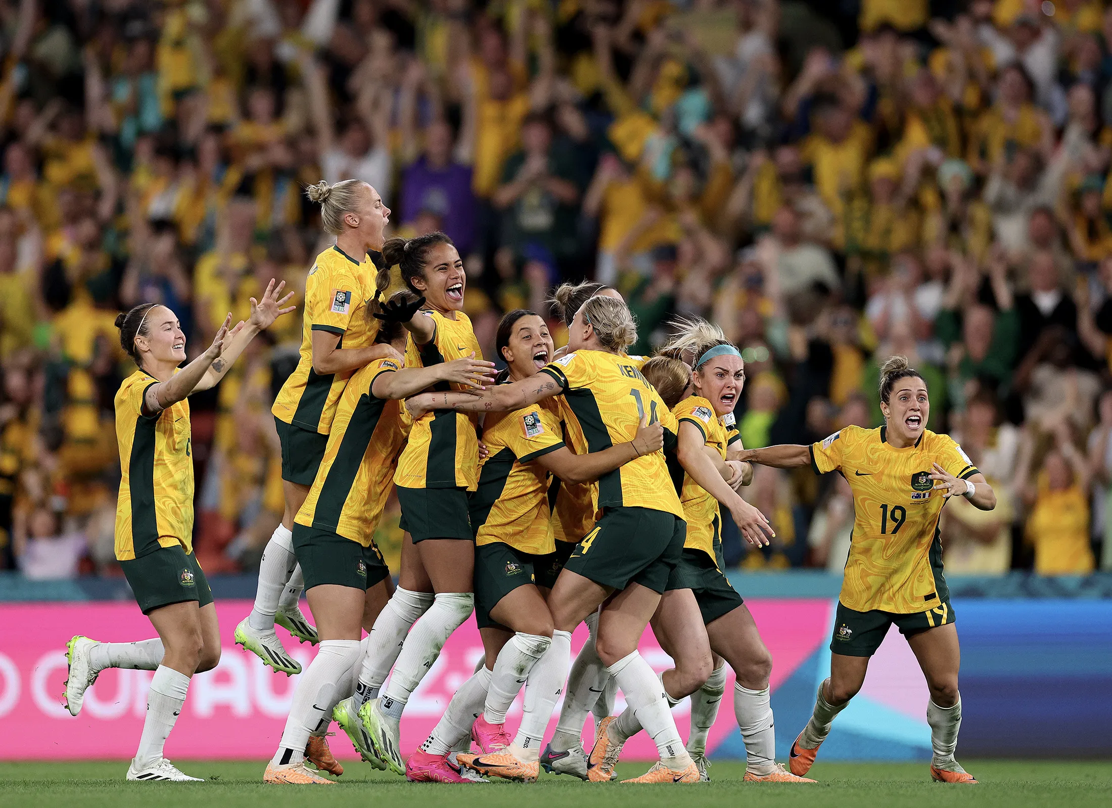 Matildas players celebrate after the quarter final match in Brisbane, Australia on Saturday.