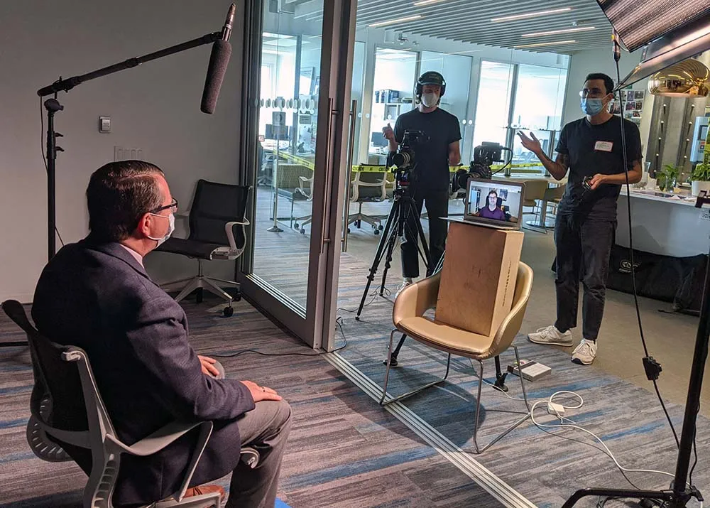 Dan Sharp conducts a remote interview for “Disasters Engineered.”