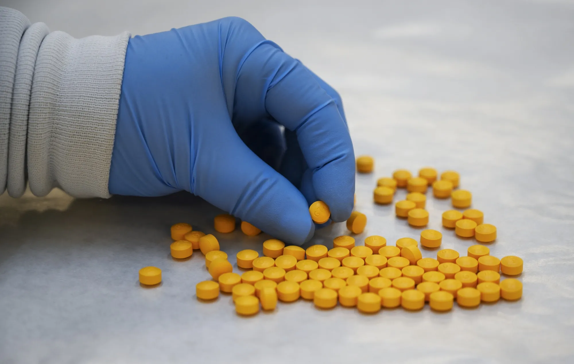 A chemist examines confiscated powder containing fentanyl.