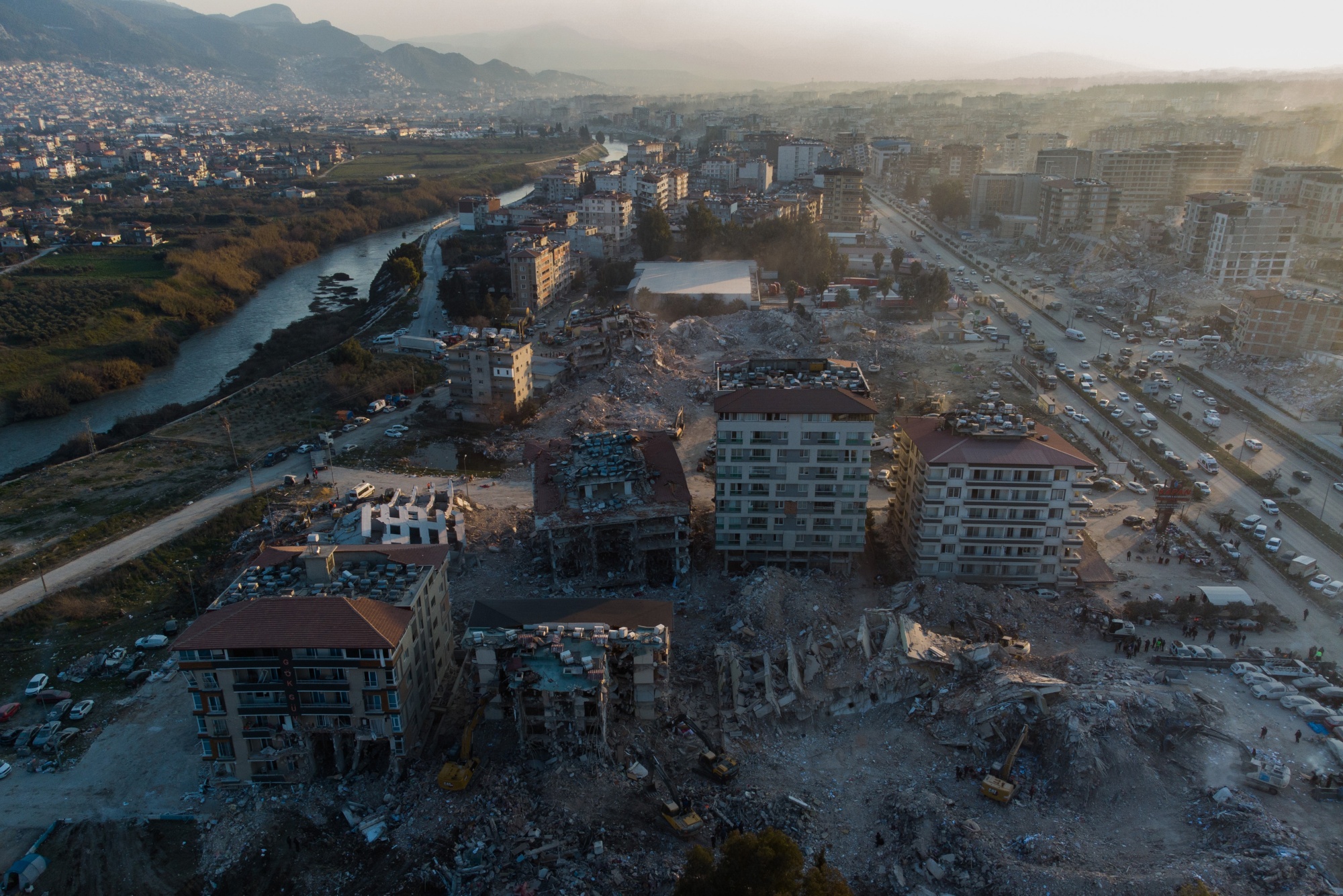 Collapsed and damaged residential buildings in Hatay, Turkey on Feb. 13.