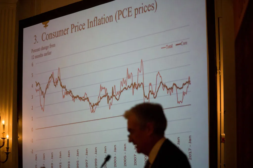 Jerome Powell, governor of the U.S. Federal Reserve, speaks in front of a consumer price inflation (PCE prices) chart during an Economic Club of New York event in New York, U.S., on Thursday, June 1, 2017. Powell is calling for gradual interest rate increases and a start to balance-sheet reductions later this year if the economy stays on track, though hes watching a recent slowdown in inflation.