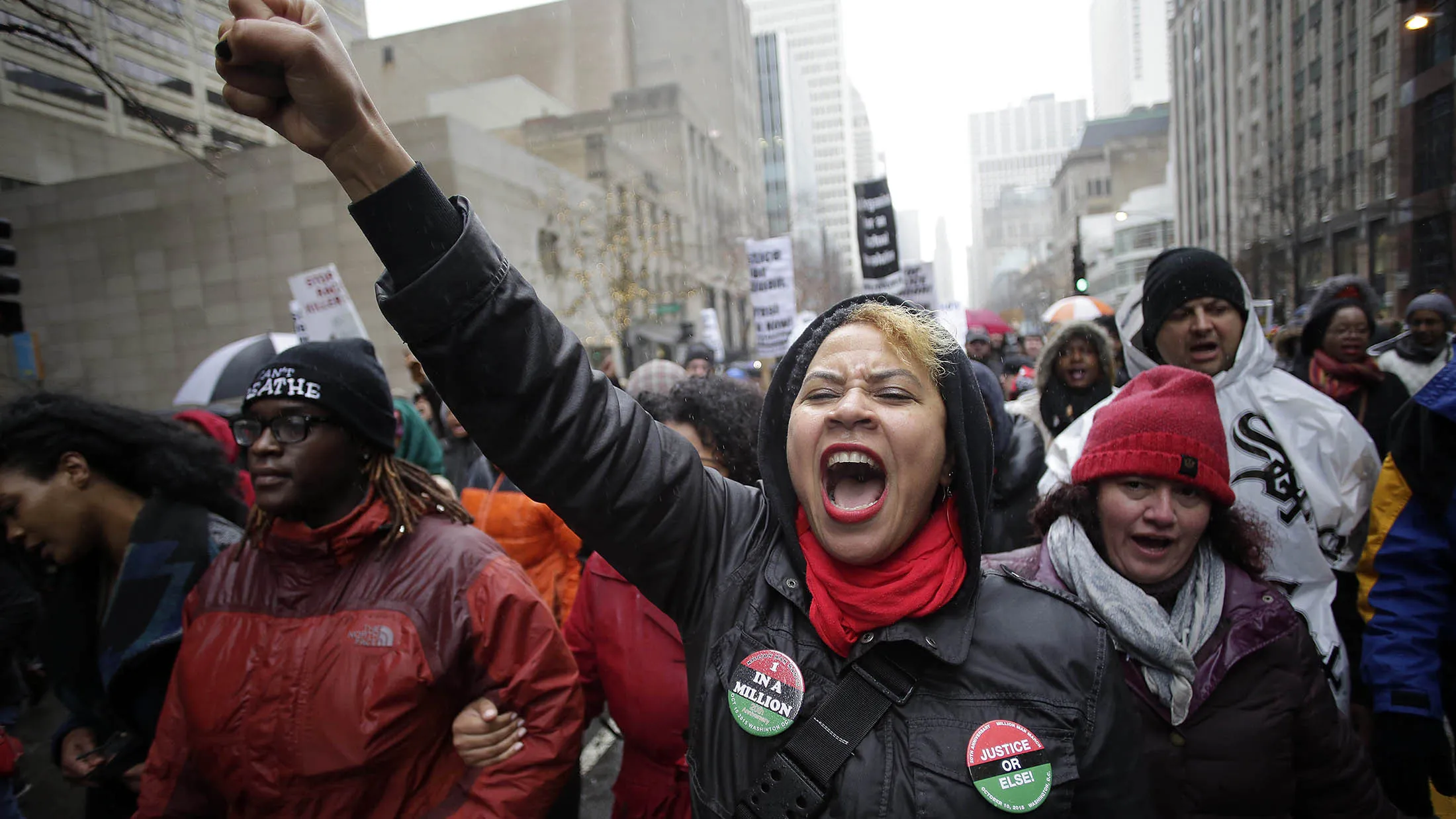 Demonstrators protest along the Magnificent Mile.
