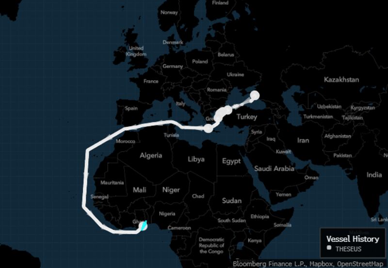 Tanker Theseus has been waiting off coast of Ghana since Feb. 24.