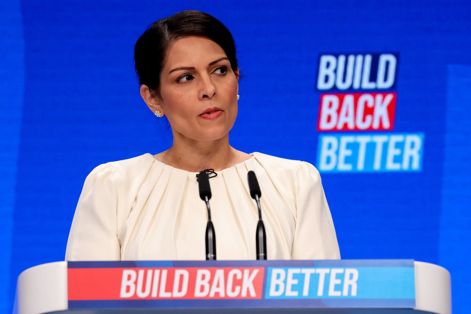 Priti Patel delivers her speech on day three of the annual Conservative Party conference in Manchester, U.K., on Oct. 5.