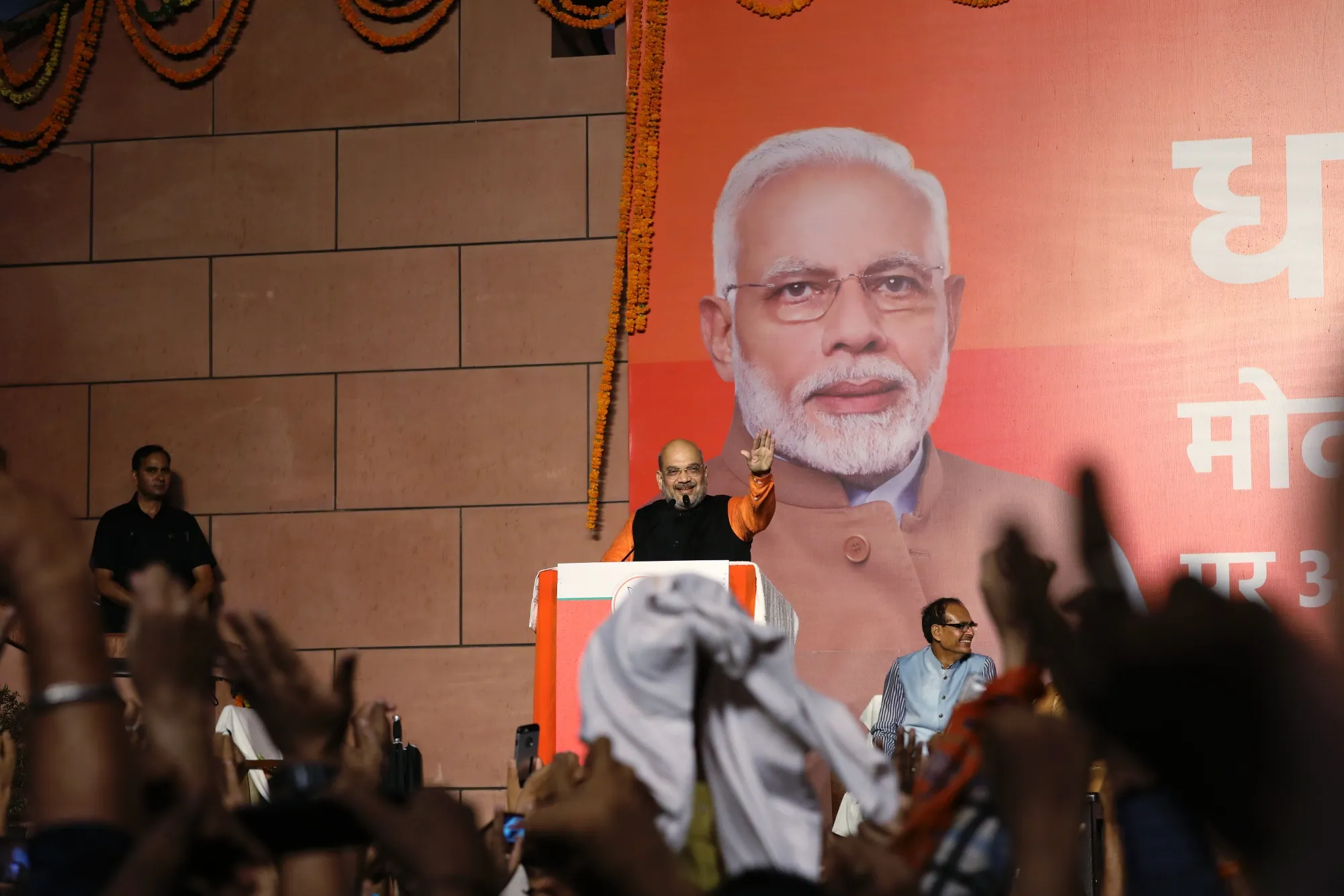Amit Shah speaks at an election party at the BJP headquarters in New Delhi on May 23.