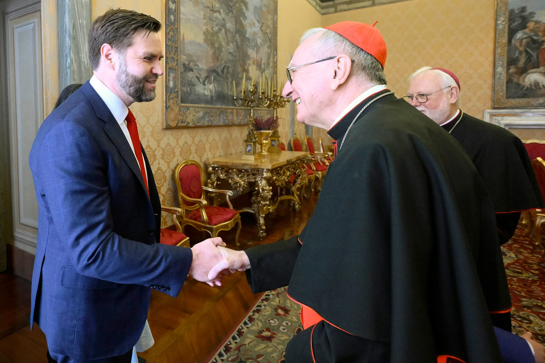 Cardinal Pietro Parolin meets with JD Vance during an audience at the Apostolic Palace in Vatican City on April 19.