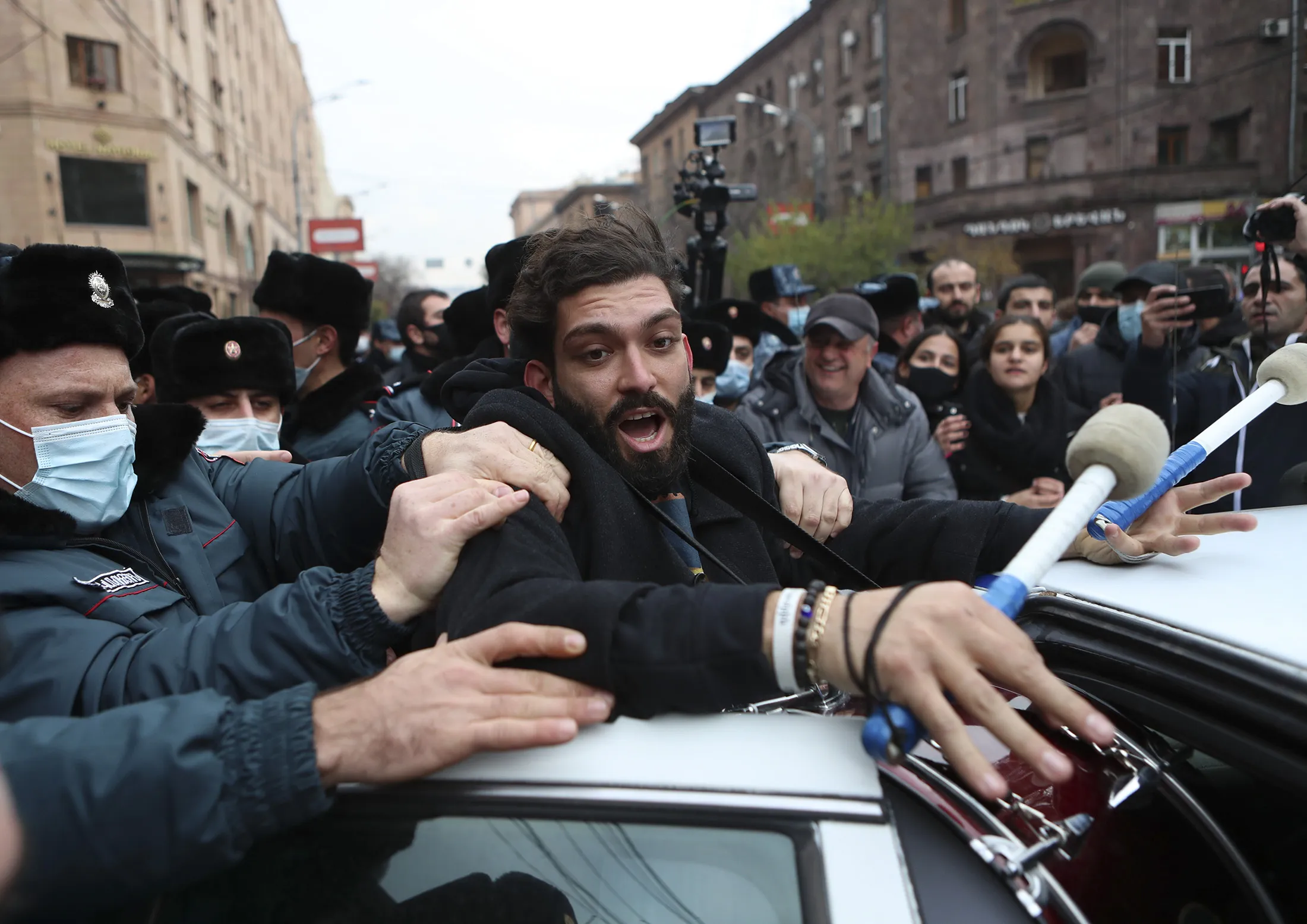 Police officers detain a protester demanding the resignation of Armenian&nbsp;Prime Minister Nikol Pashinyan&nbsp;in Yerevan,&nbsp; on Nov. 8.