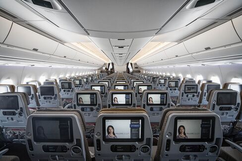 Inside the economy class cabin of the new Airbus A350-900 aircraft.