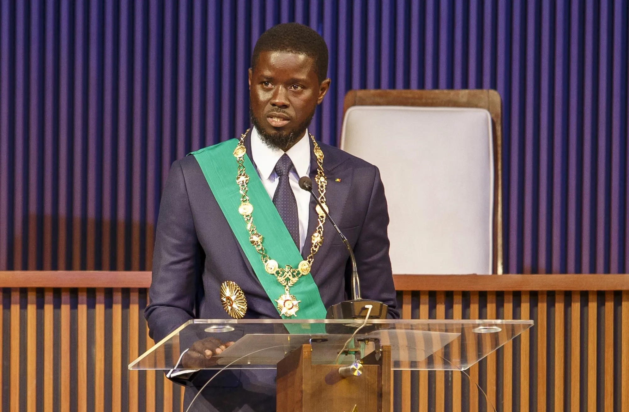 Bassirou Diomaye Faye&nbsp;speaks during his inauguration ceremony in Diamniadio, Senegal, on April 2.