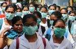 Indian nursing students wearing masks at the government-run Gandhi Hospital in Hyderabad on March 6.