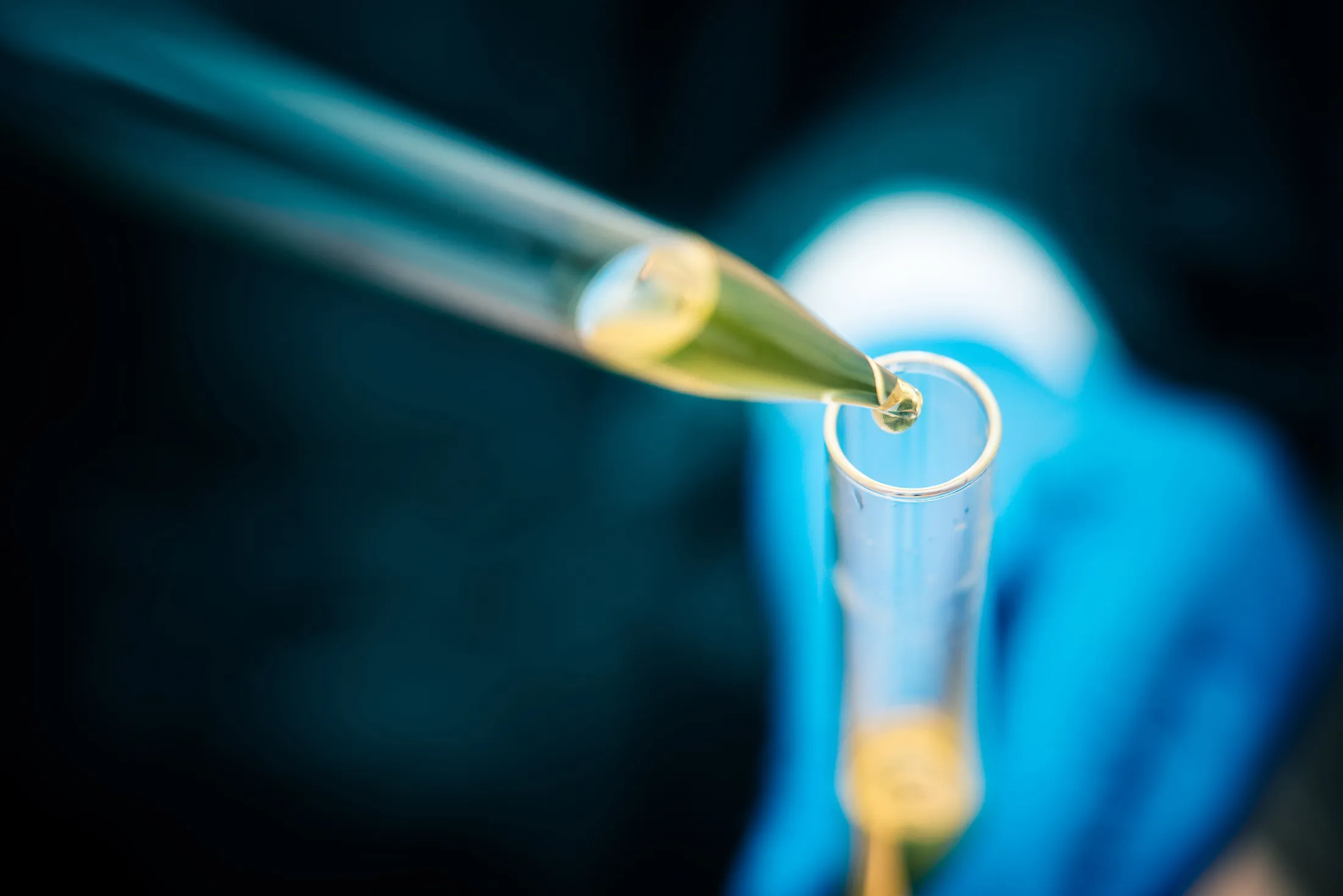 Laboratory technician using a pipette to fill a solution in a test tube RF
