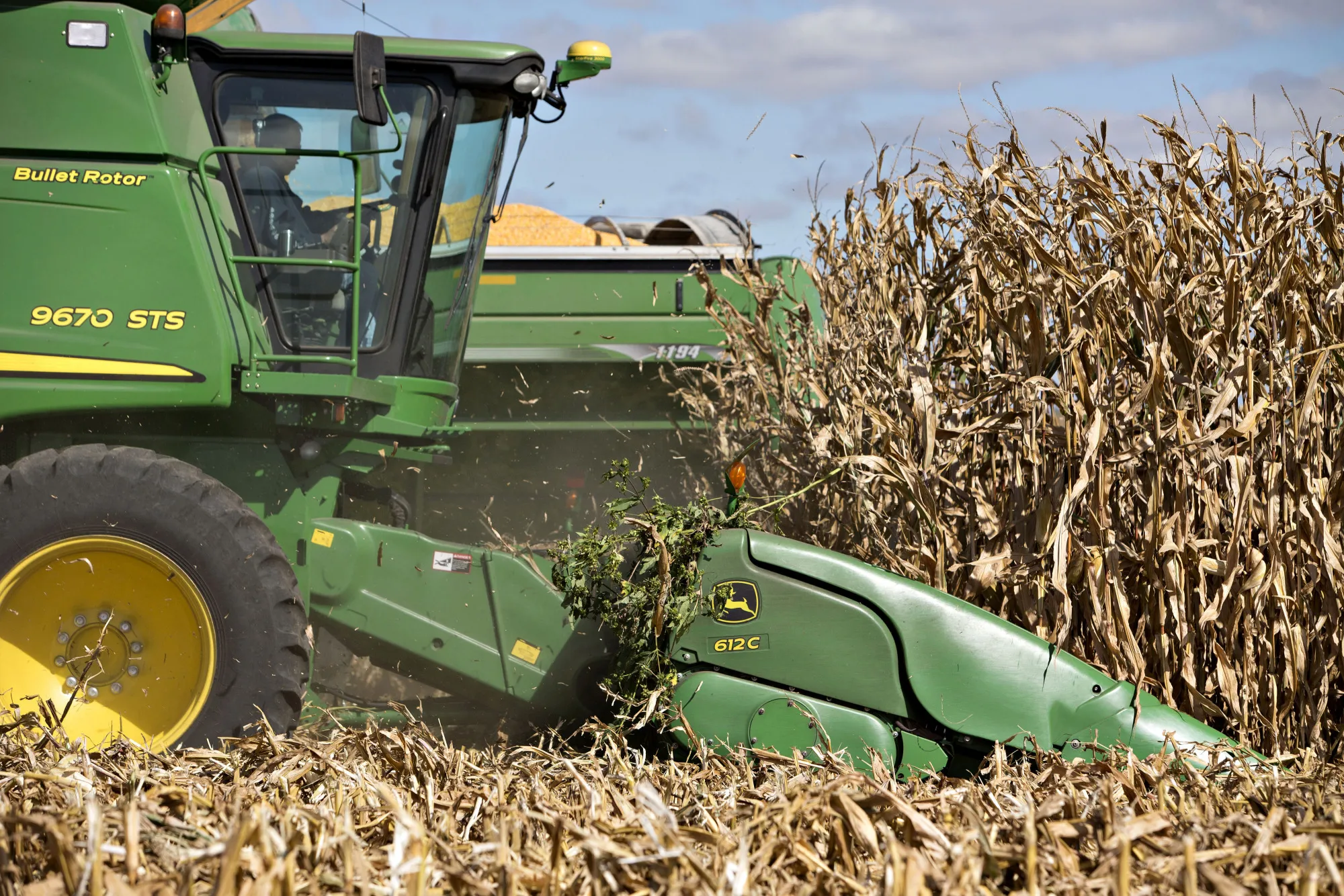 Corn is harvested with a John Deere &amp; Co. 9670 STS combine harvester in Malden, Illinois, U.S.