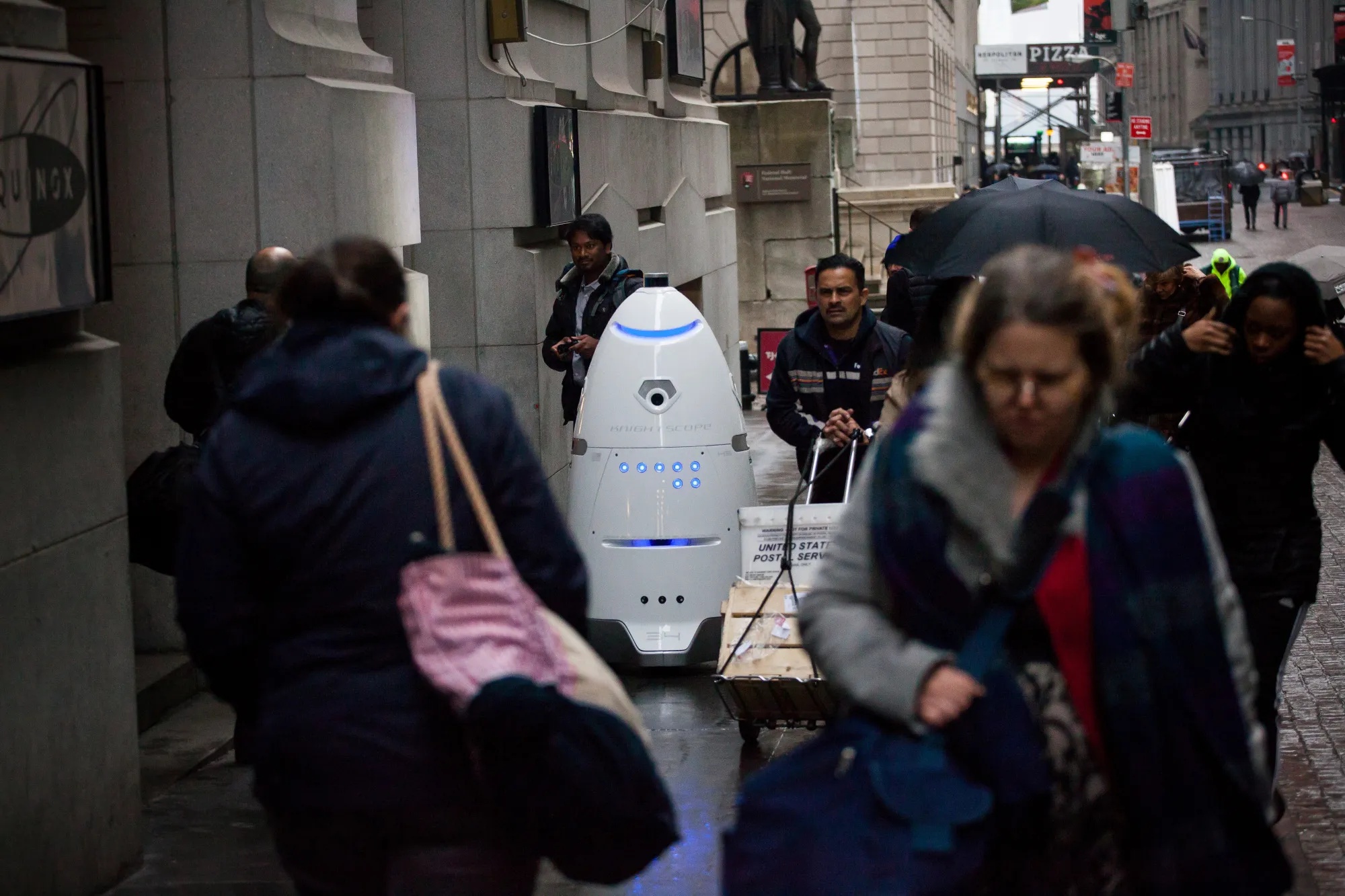 A Knightscope K5 security robot on Wall Street near the New York Stock Exchange in New York.