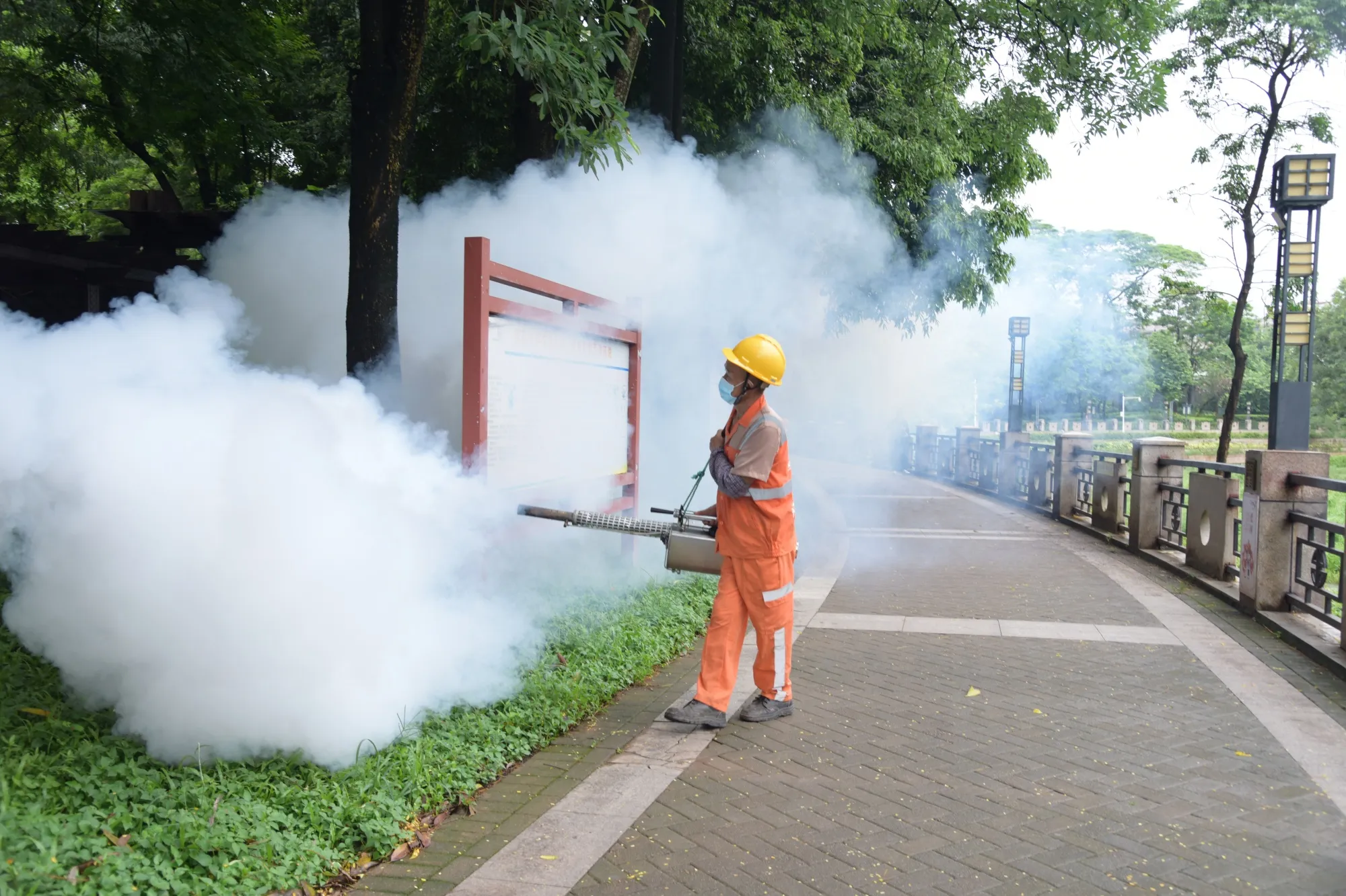 A sanitation worker sprays insecticide to prevent the spread of Chikungunya in Dongguan, Guangdong Province on Aug. 3.