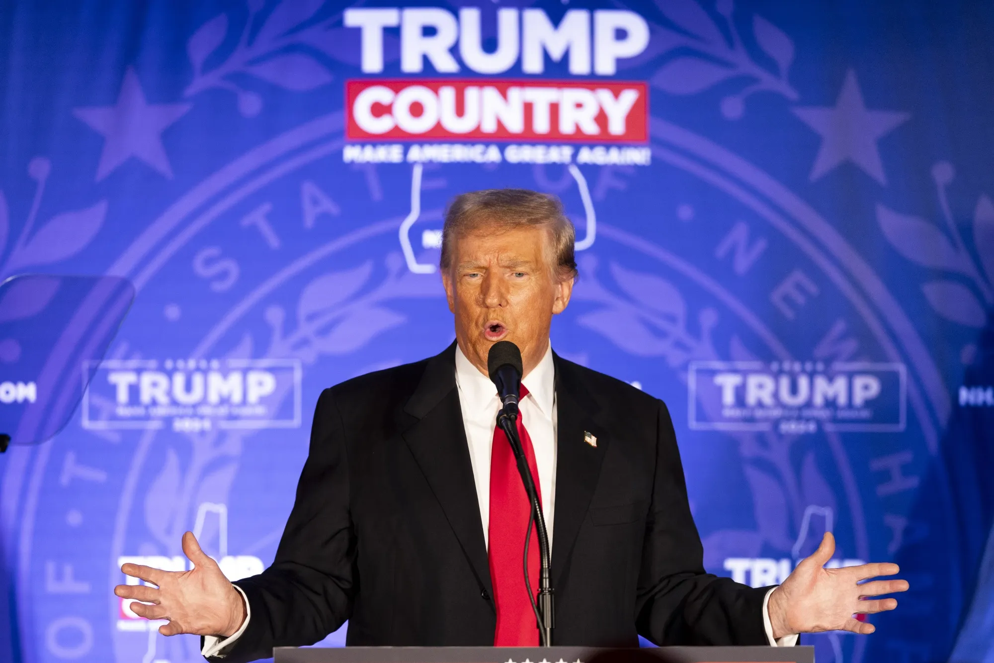 Former US President Donald Trump speaks during a campaign event in Portsmouth, New Hampshire on Jan. 17, 2024.