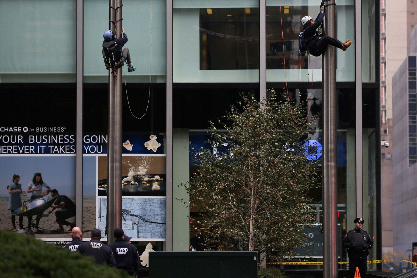 Activists from the Rainforest Action Network climb flagpoles in front of JPMorgan’s headquarters in New York.