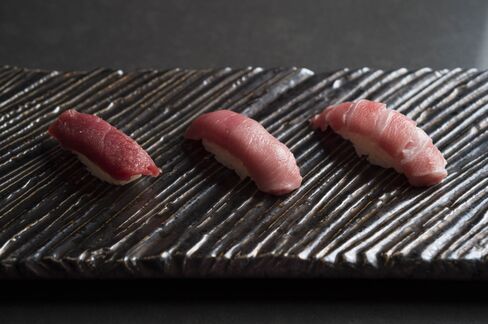 A flight of bluefin tuna from the Atlantic Ocean gets progressively fattier.