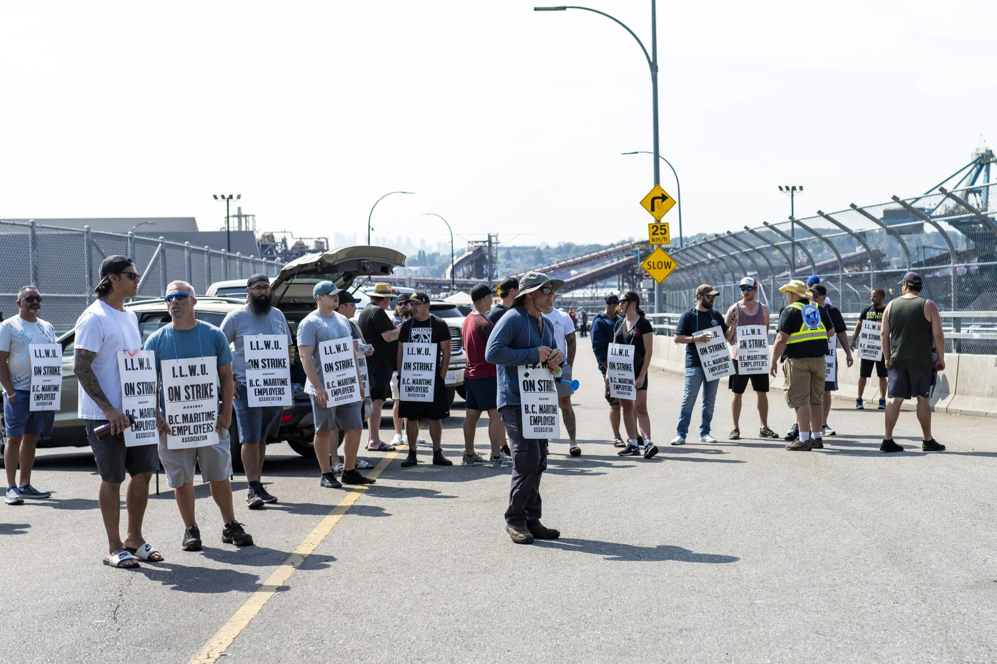 A picket line at the Neptune Terminal at the Port of Vancouver during a dockworkers strike in Vancouver earlier this month.&nbsp;