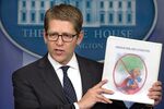White House Press Secretary Jay Carney holds a folder with an image of a troll and the words &quot;innovation, not litigation&quot; during a daily briefing on June 4