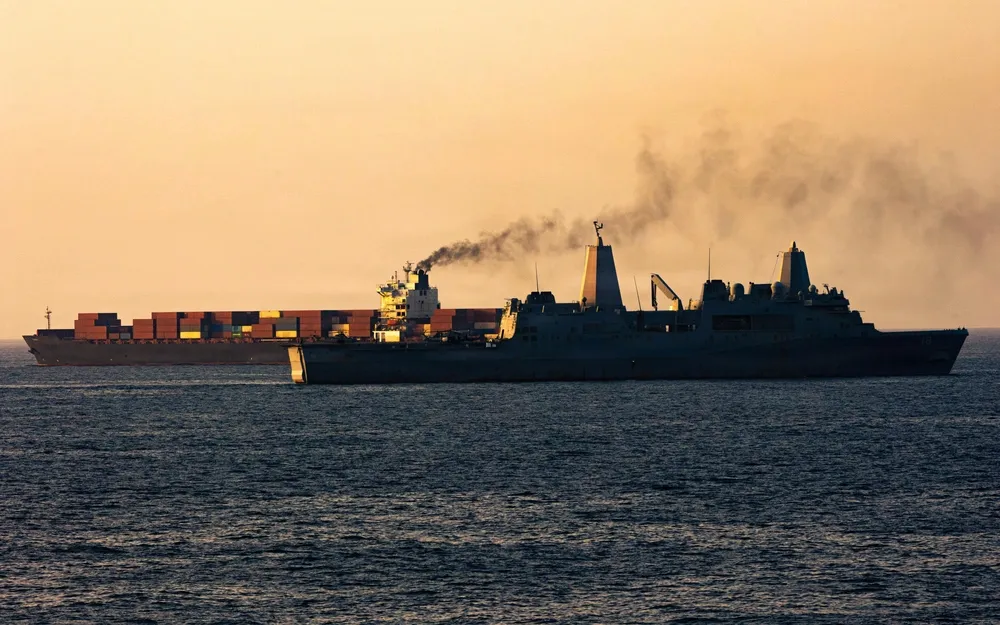 US forces patrol the Arabian Sea near the Touska cargo ship, on April 20.