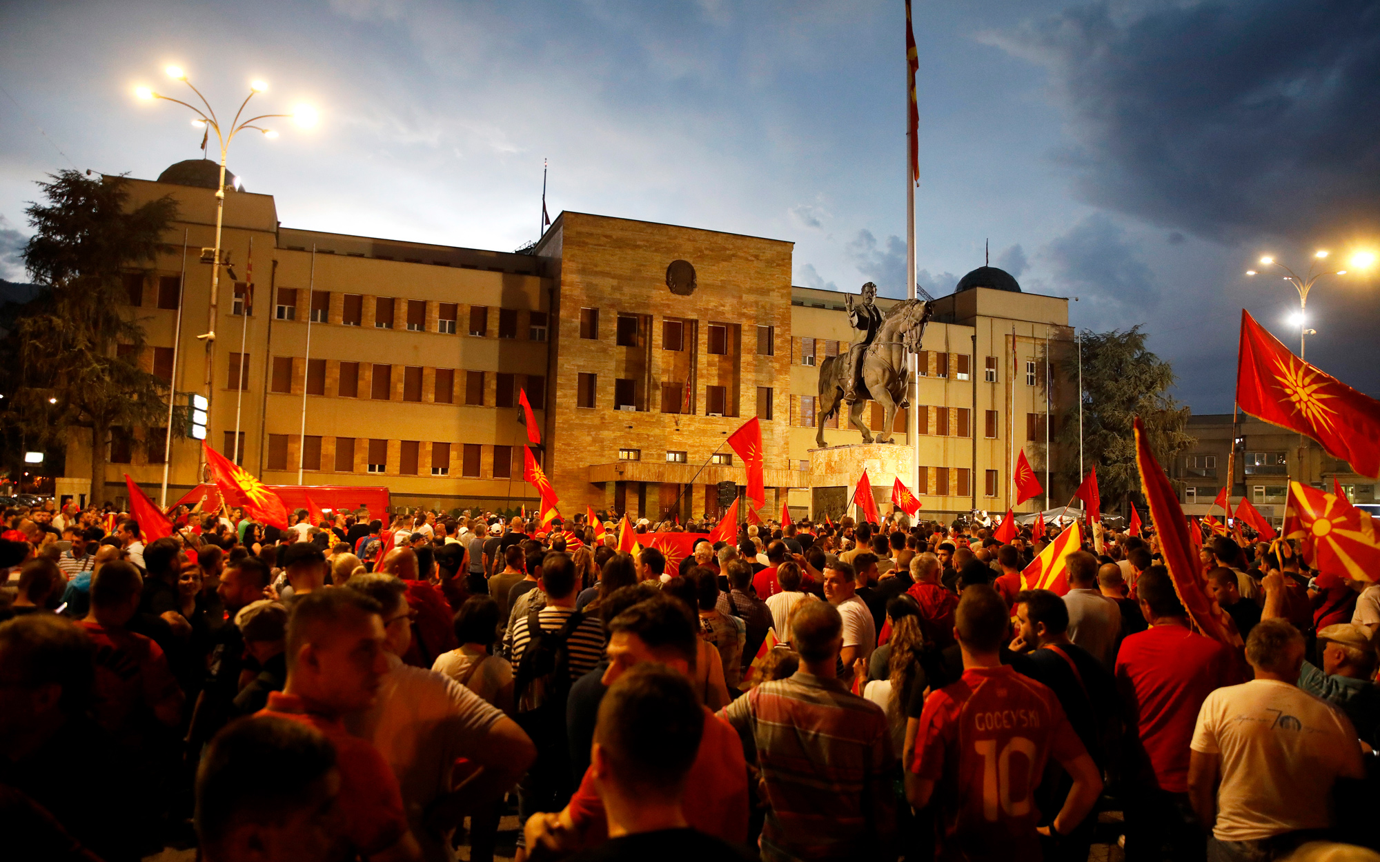 Protesters in front of the parliament building in Skopje, North Macedonia, on July 5,