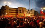 Protesters in front of the parliament building in Skopje, North Macedonia, on July 5,