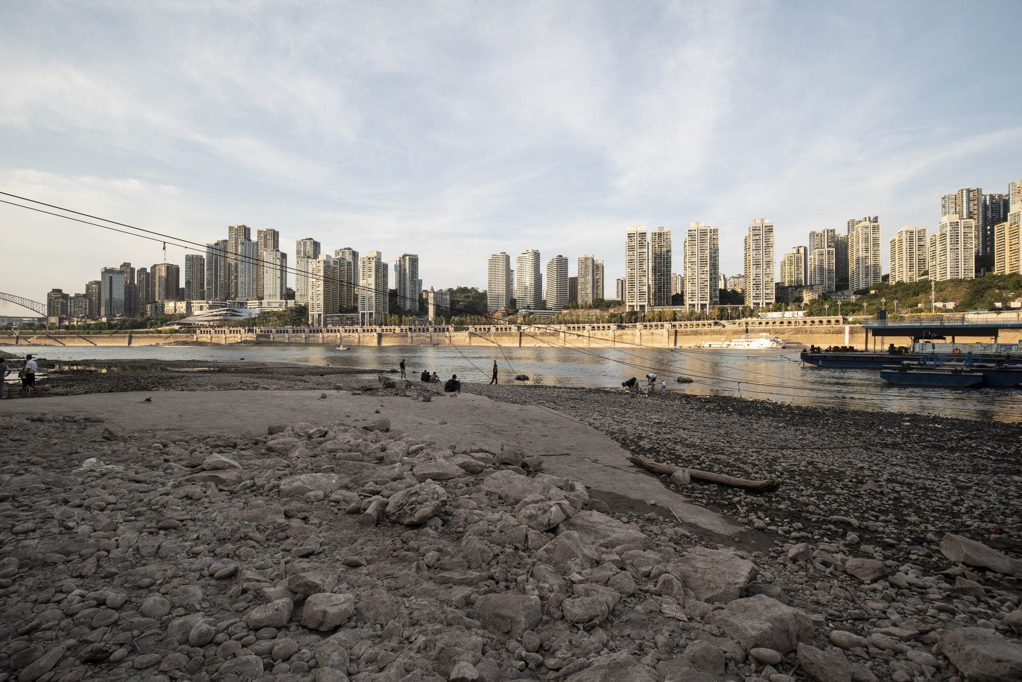 The shallow banks of Yangtze River, due to low water levels caused by drought, near the confluence with the Jialing River in Chongqing, China, on Aug. 19.