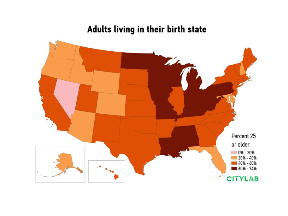 What percent of a state's adult residents were born there?