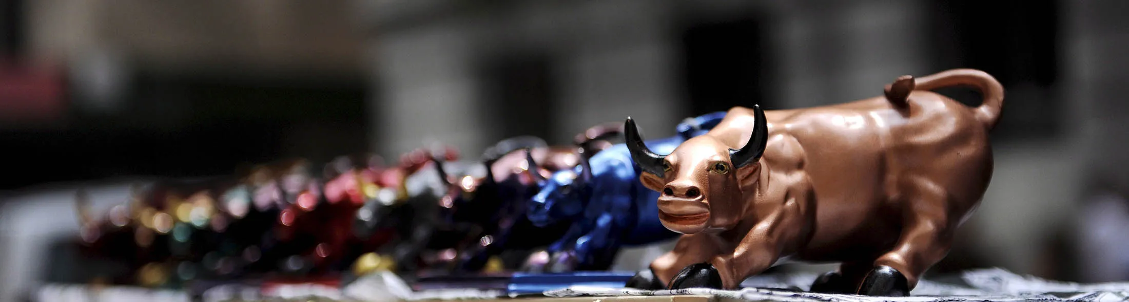 Small bulls sold on Wall Street in New York, New York, USA.
