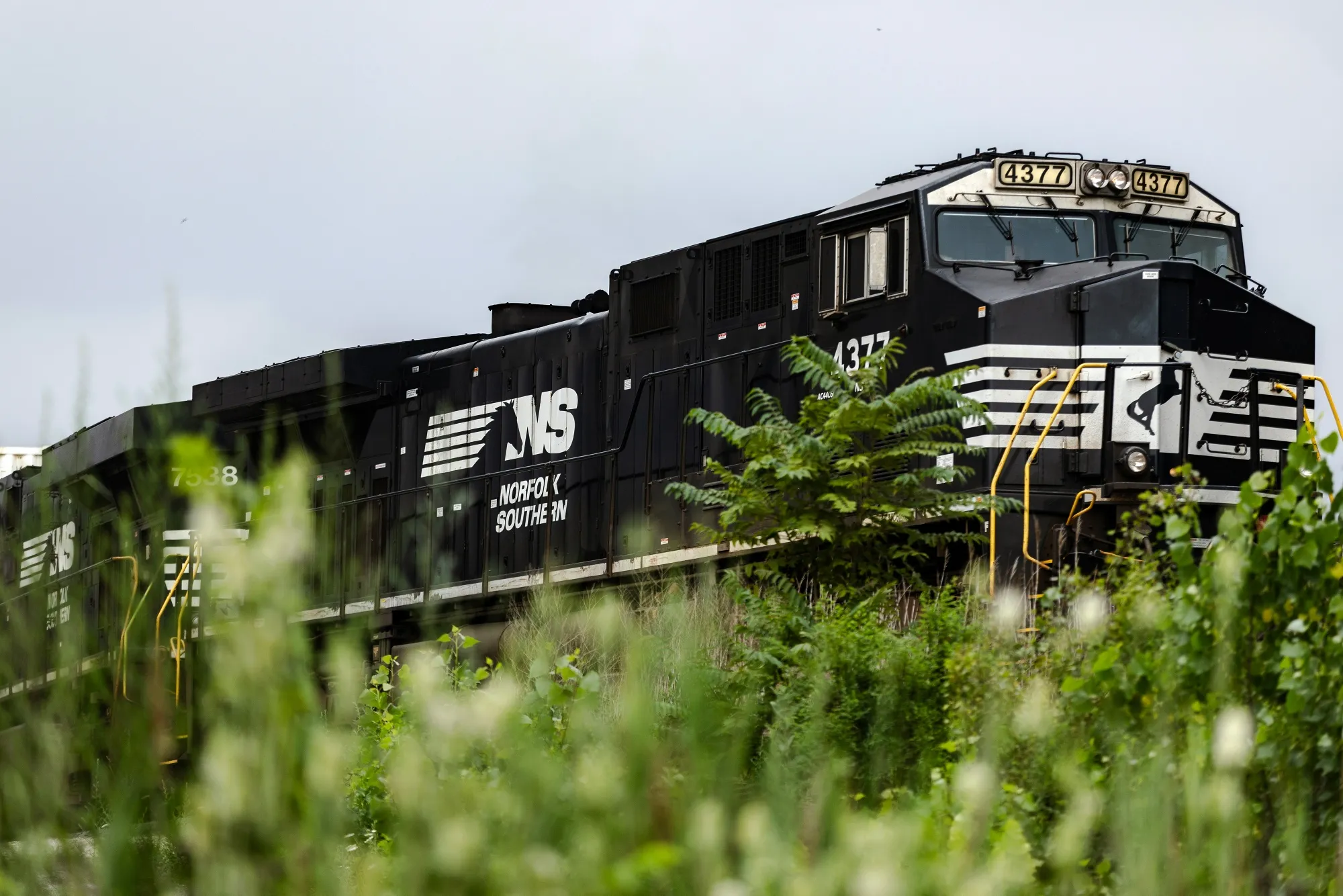 A Norfolk Southern locomotive at a rail yard in Chicago.