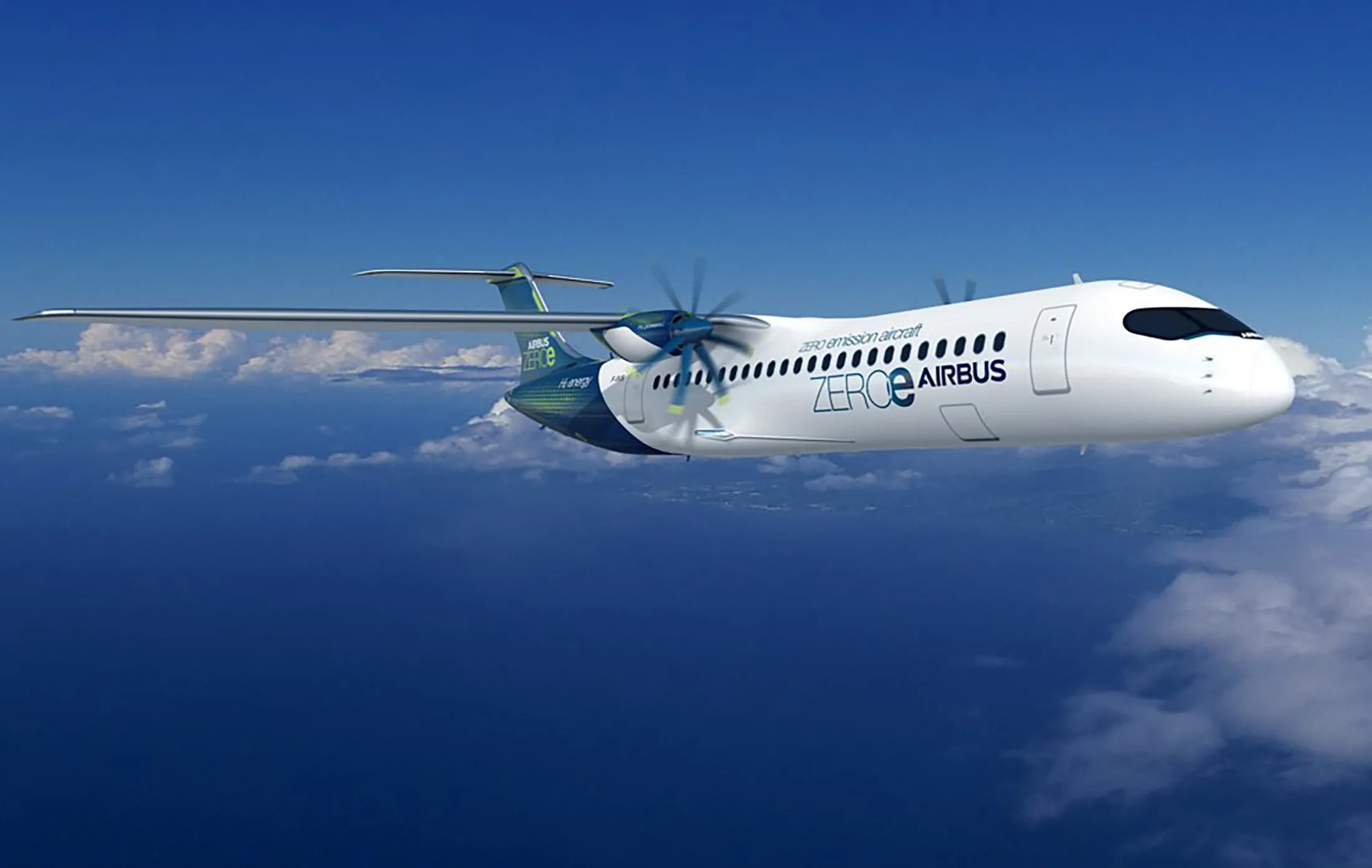 A computer simulation of&nbsp;Airbus’s hydrogen turboprop plane.