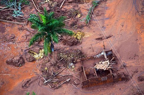 Aerial view of damages after a dam burst in the village of Bento Rodrigues, in Mariana, Minas Gerais state
