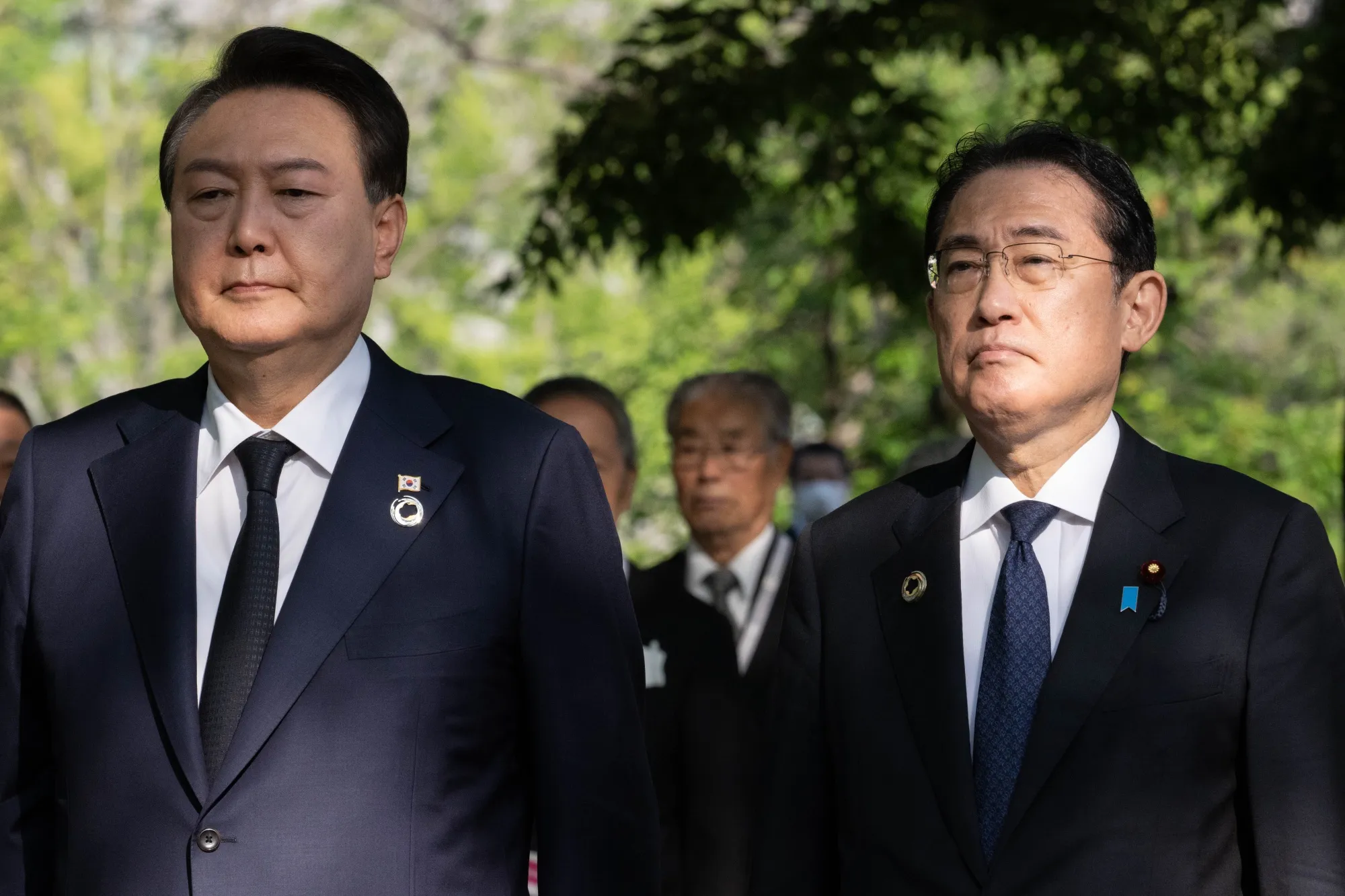 Fumio Kishida, right, and Yoon Suk Yeol visit the cenotaph for the victims of the Korean atomic bomb victims in Hiroshima Peace Park in Hiroshima in May 2023.