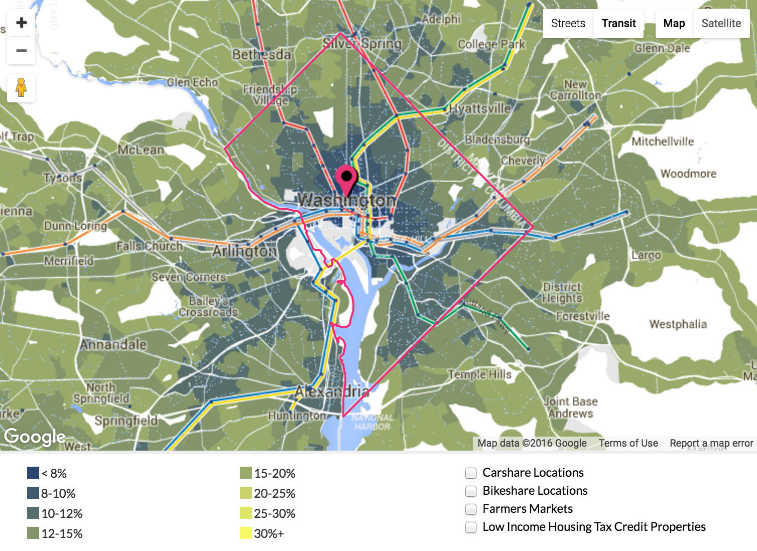 Here the tool maps Washington, DC, and its suburbs and shows how the cost of commuting changes from place to place. The average for people living within a half-mile of public transit is 10.1 percent of income.
