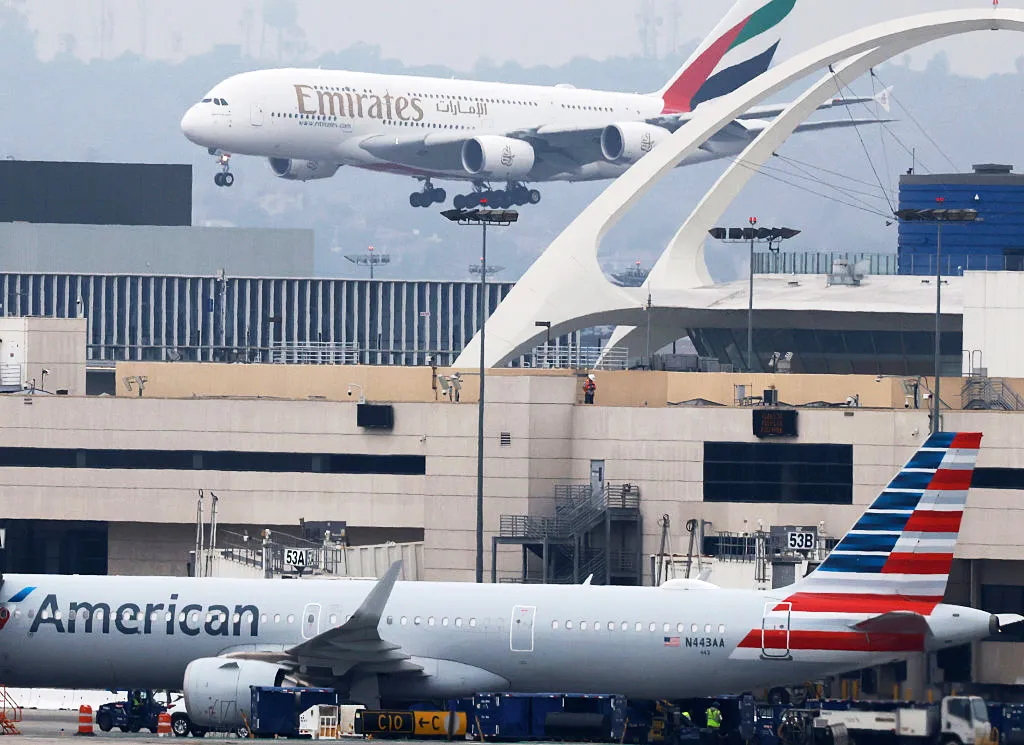 An Emirates plane at Los Angeles International Airport.