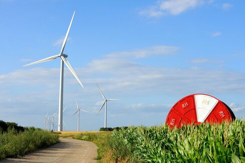 Wind turbines operate in Lethuin, France.