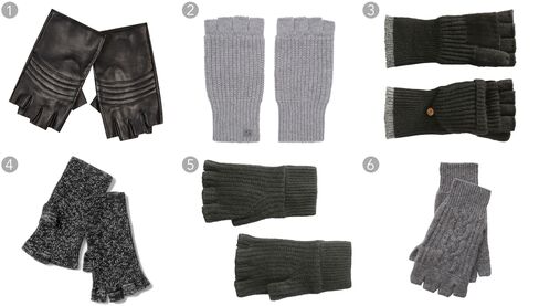 (1) Black leather fingerless gloves, River Island $40, riverisland.com; (2) gray knit fingerless gloves, Marc by Marc Jacobs $90, ssense.com; (3) convertible gloves, Joe Fresh $14, joefresh.com; (4) marled fingerless gloves, Gap $19.95, gap.com; (5) Kaden mitts, Rag & Bone $125, rag-bone.com; (6) cashmere fingerless gloves, RRL & Co. $145, ralphlauren.com.