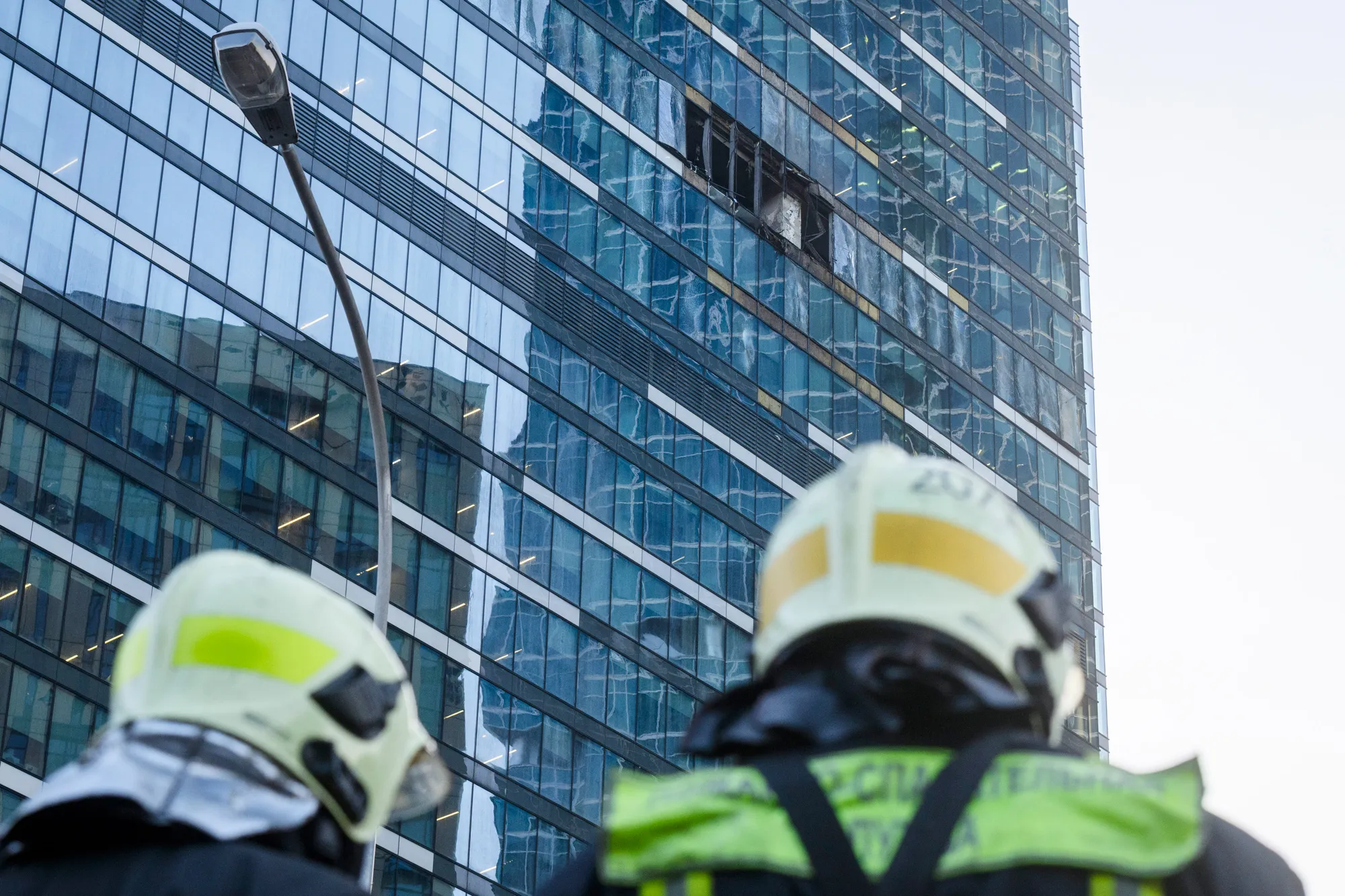 A damaged building in the Moscow City business district following drone attack on Aug. 1.