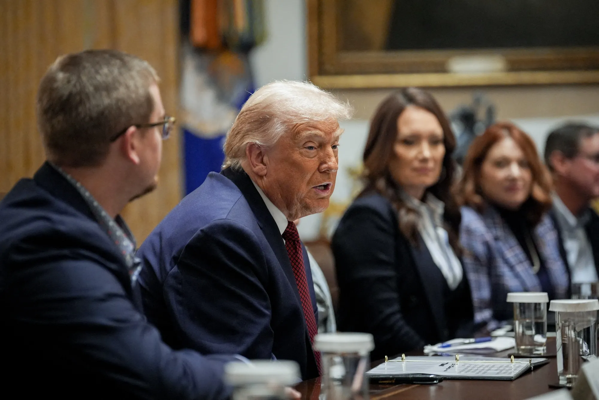 President Donald Trump speaks during a roundtable on farm aid at the White House.