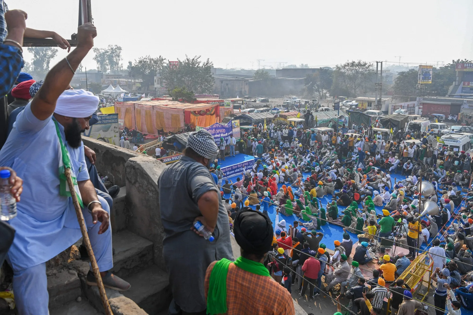 Farmers protest at the Delhi-Haryana state border in Singhu on Dec. 3.